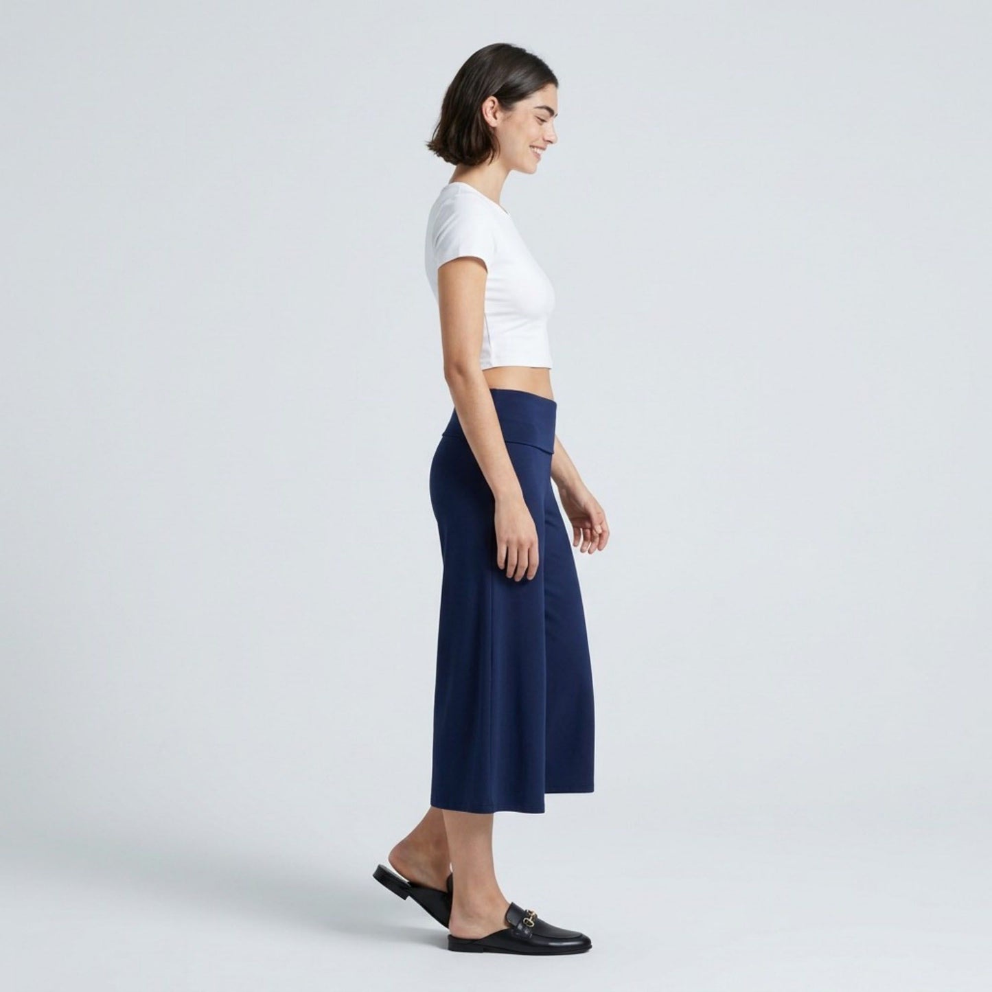 Foldover Waistband Cropped Wide-Leg Trousers