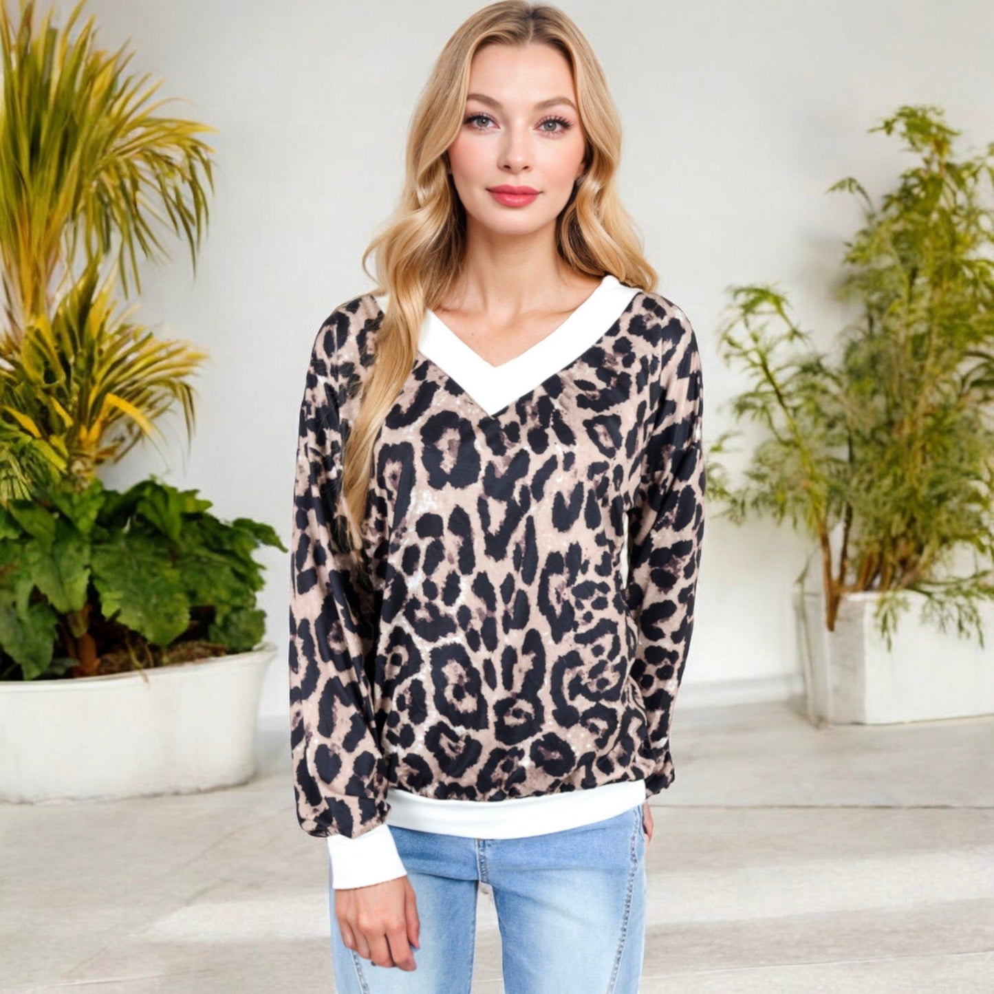 Leopard Print V-Neck Long Sleeve Pullover with Contrast Trim