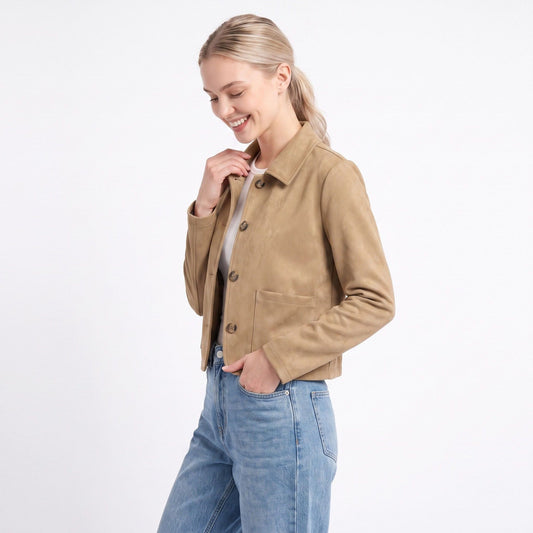 Cropped Button Front Jacket Collared Long Sleeve Patch Pocket Casual Coat