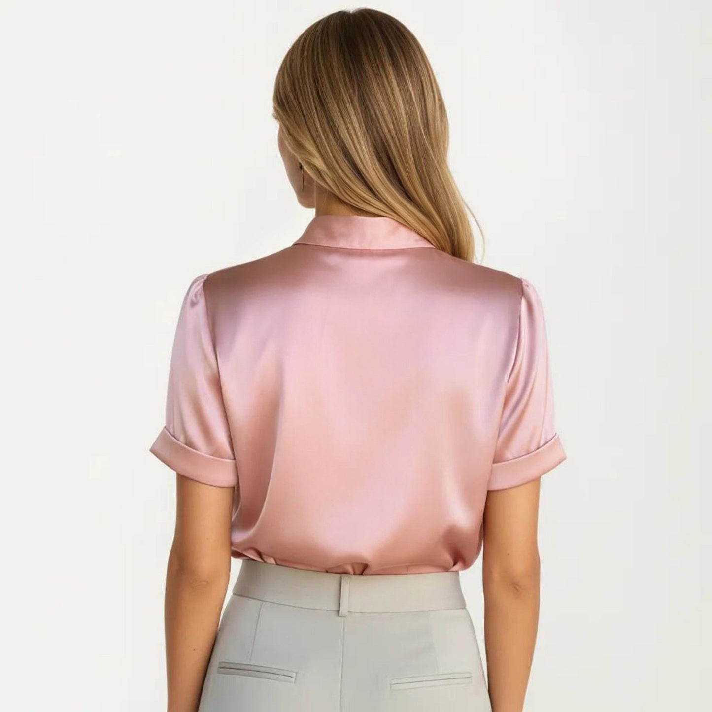 Satin Bow Neck Blouse with Short Sleeves and Smooth Draped Finish