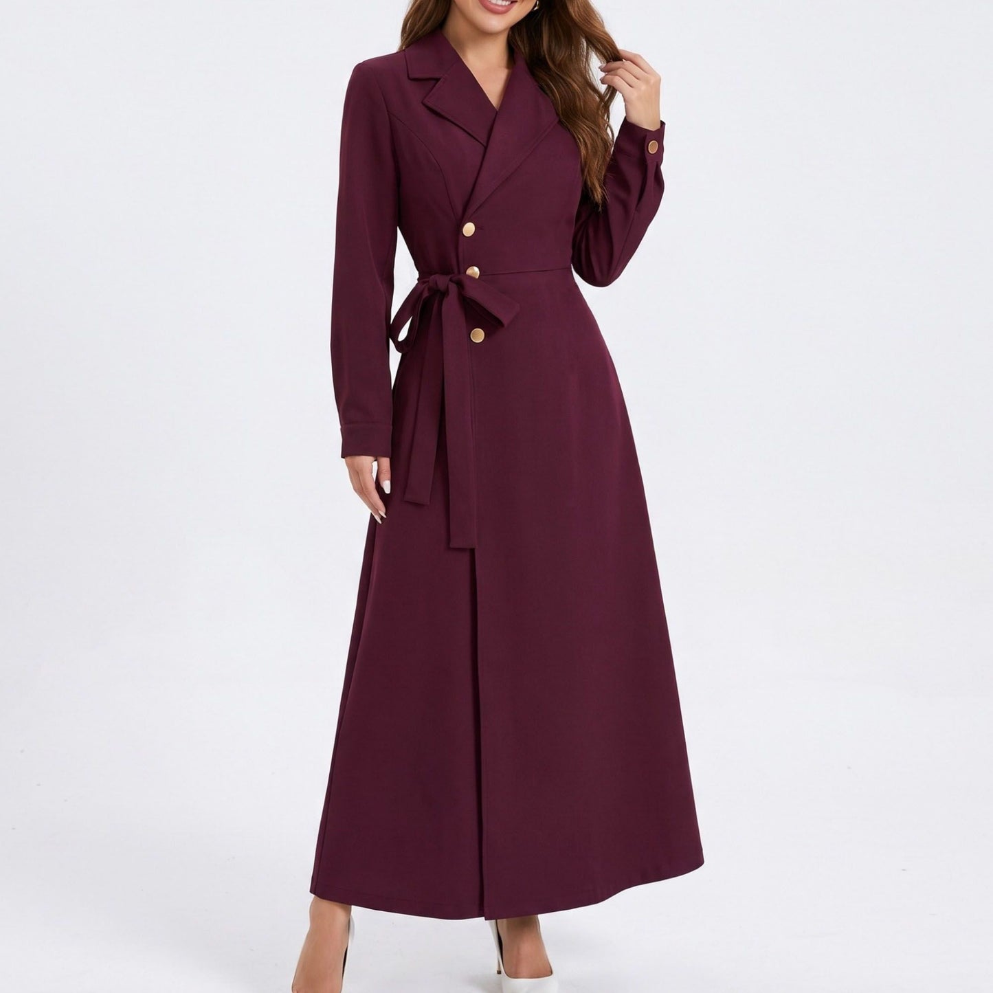 Long Sleeve Belted Trench Coat with Notched Lapels and Button Front