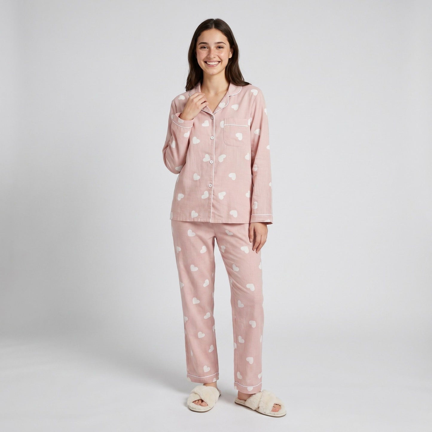 2-Piece Set Heart Print Button Front Pajama Top and Straight Leg Lounge Pants