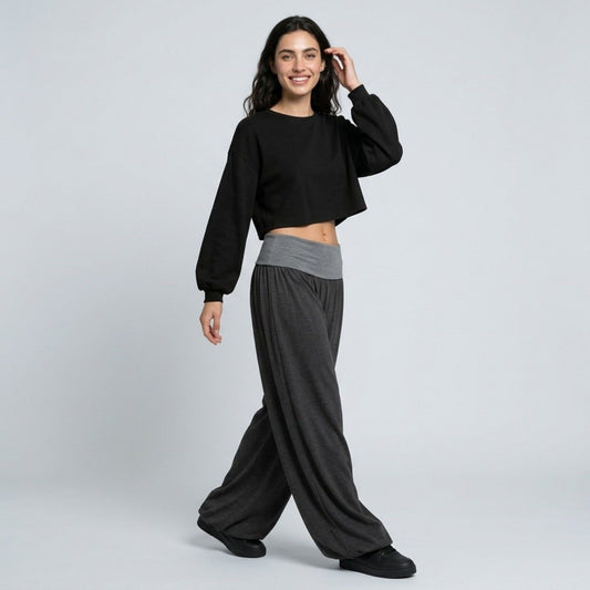 Contrast Foldover Waistband Full-Length Wide-Leg Trousers