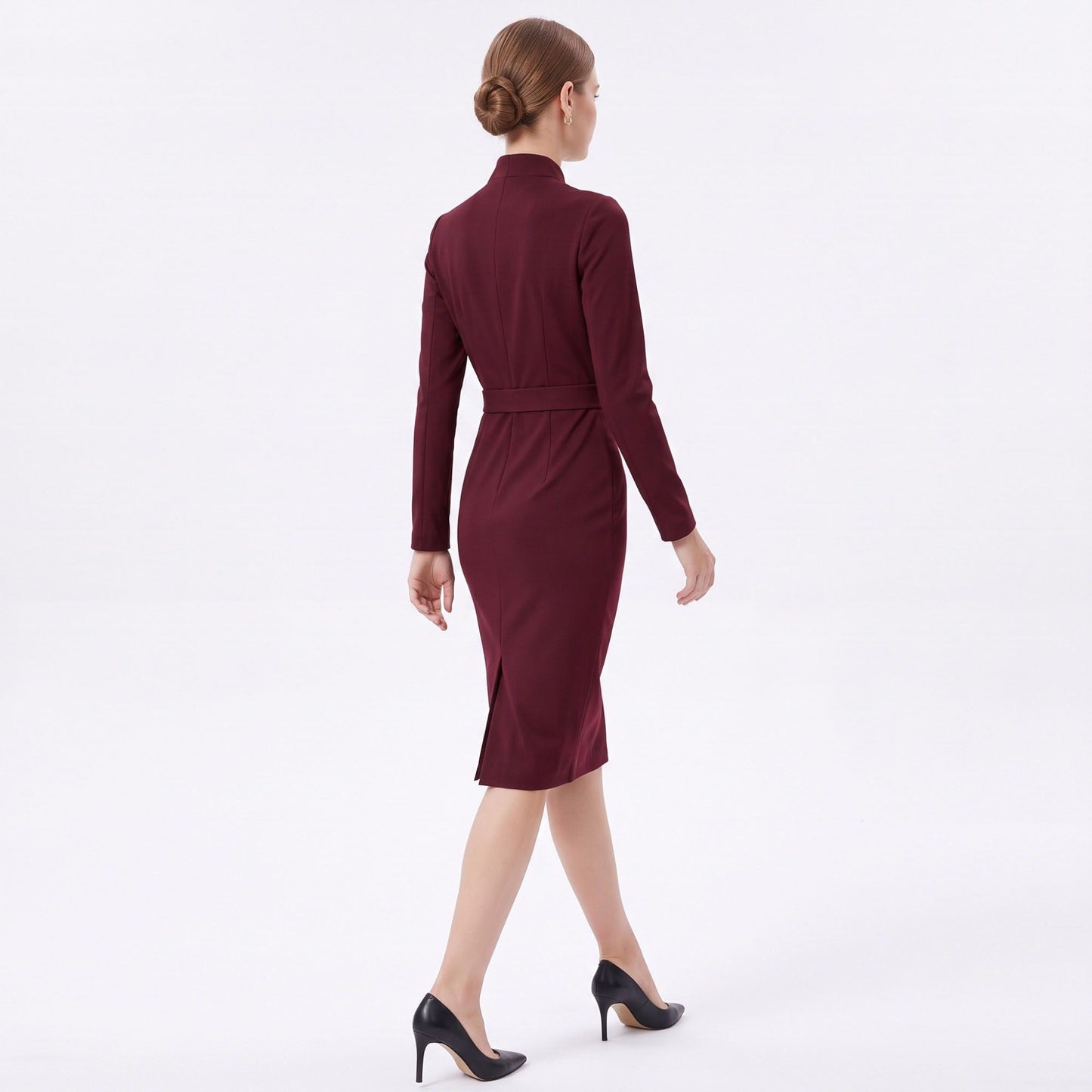 Long Sleeve Stand Collar Sheath Dress with Asymmetric Button Detail
