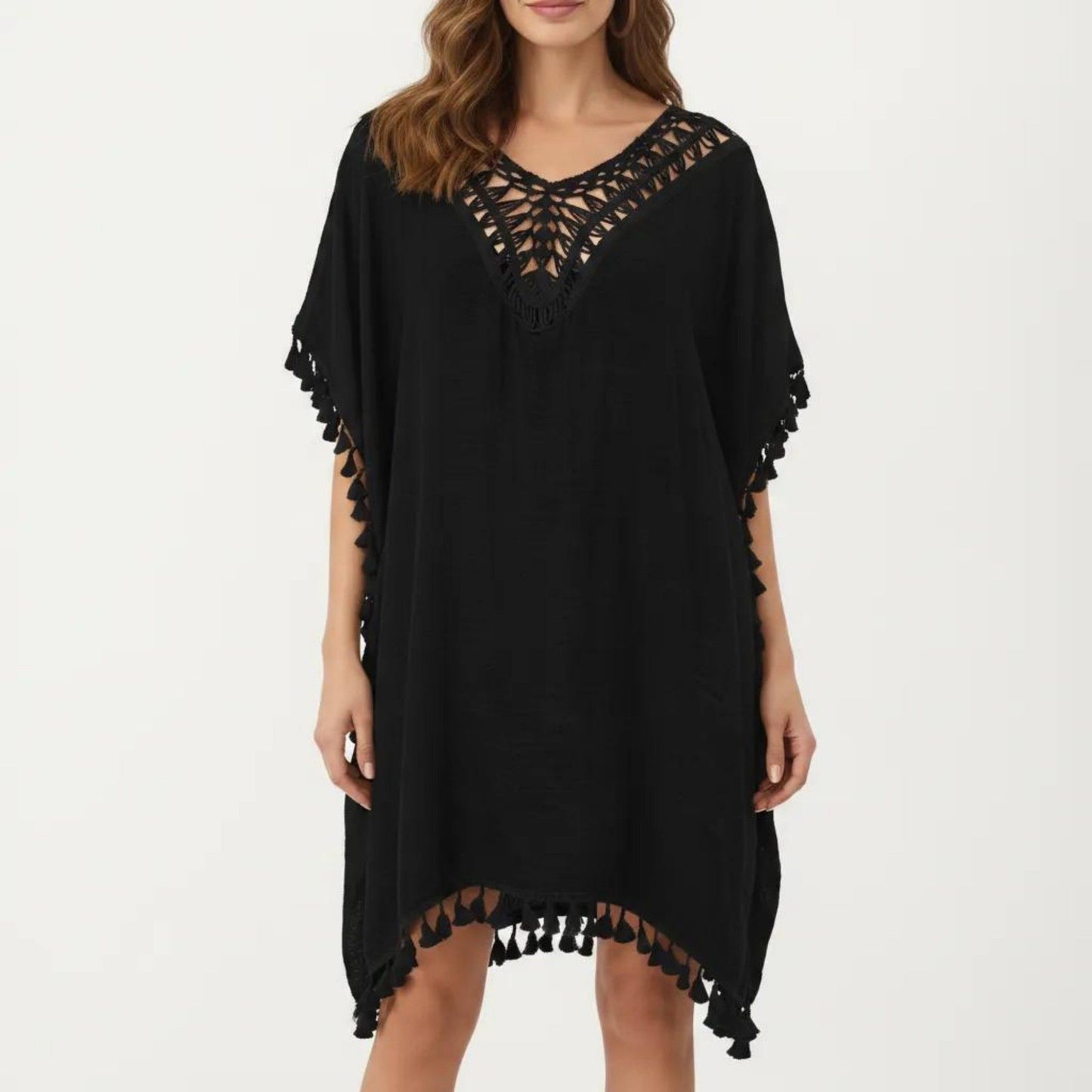 Sheer Crochet V Neck Swim Cover Up Poncho with Tassel Trim and Flowy Silhouette