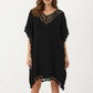 Sheer Crochet V Neck Swim Cover Up Poncho with Tassel Trim and Flowy Silhouette