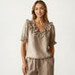 Ruffle Neck Blouse with Short Puff Sleeves and Textured Linen-Like Fabric