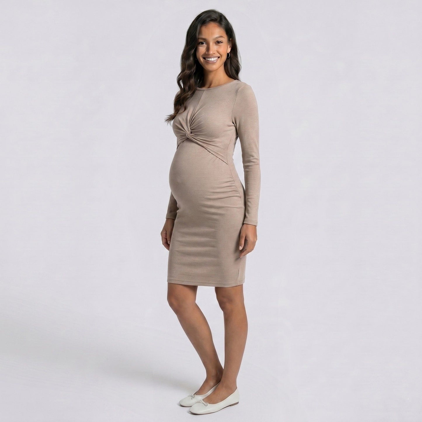 Maternity Ribbed Long Sleeve Bodycon Dress with Front Twist Detail
