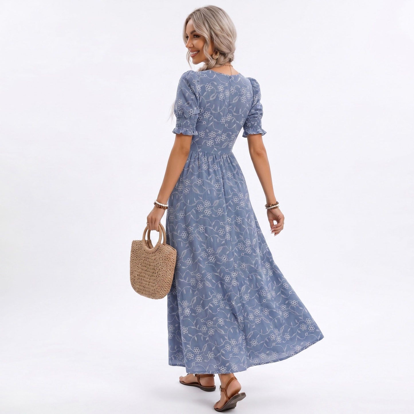 Floral Embroidered Puff Sleeve Midi Dress