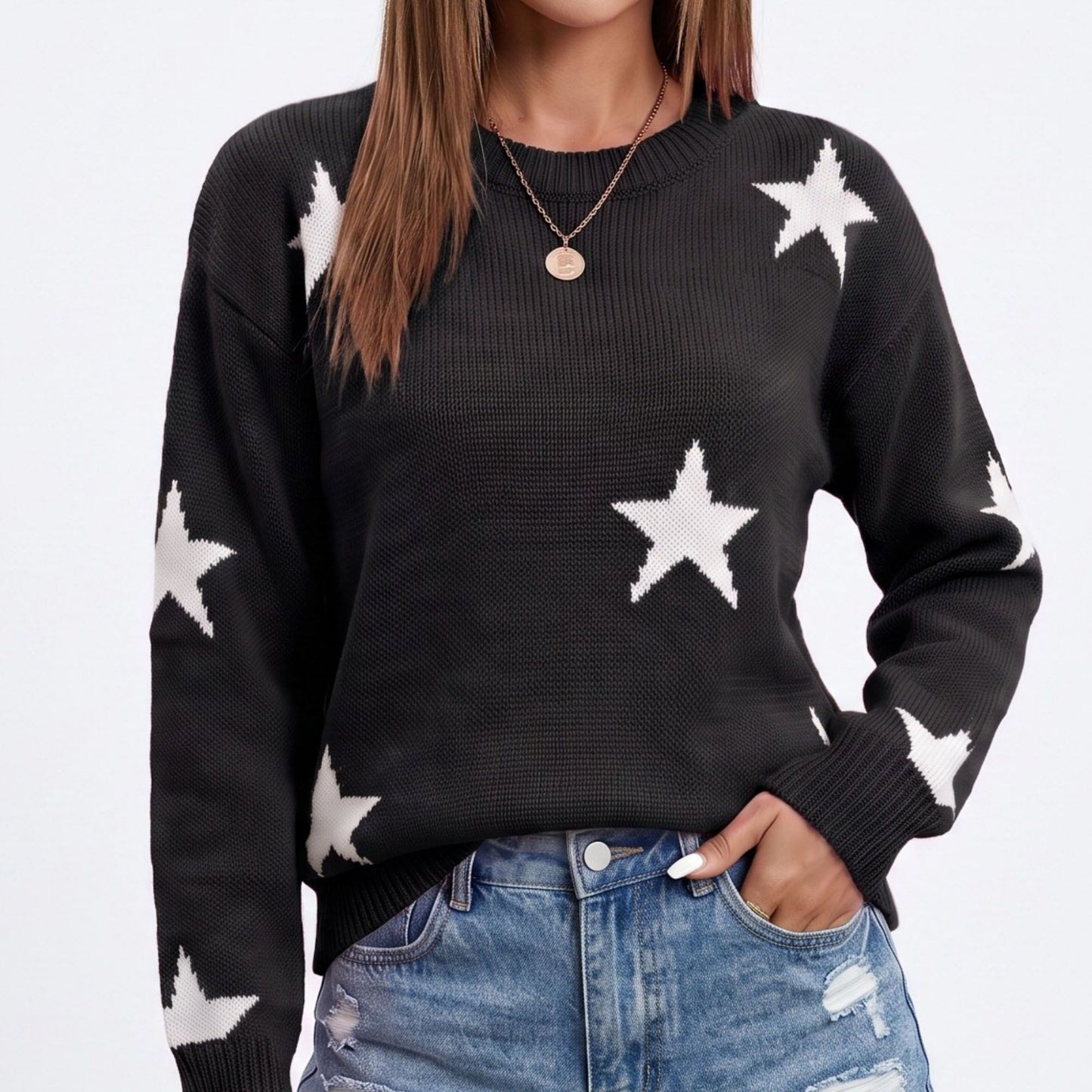 Star Print Crew Neck Long Sleeve Knit Pullover Sweater