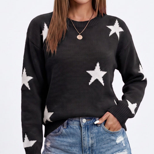 Star Print Crew Neck Long Sleeve Knit Pullover Sweater