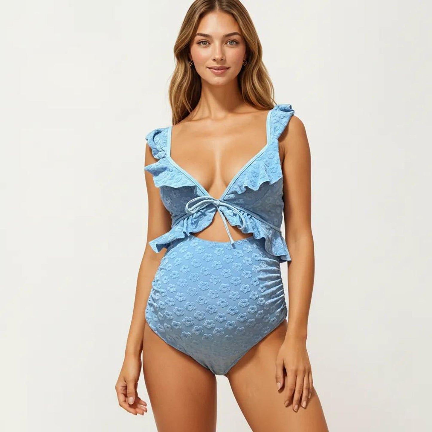 Maternity Ruffle One-Piece Swimsuit with Floral Detail and Front Tie