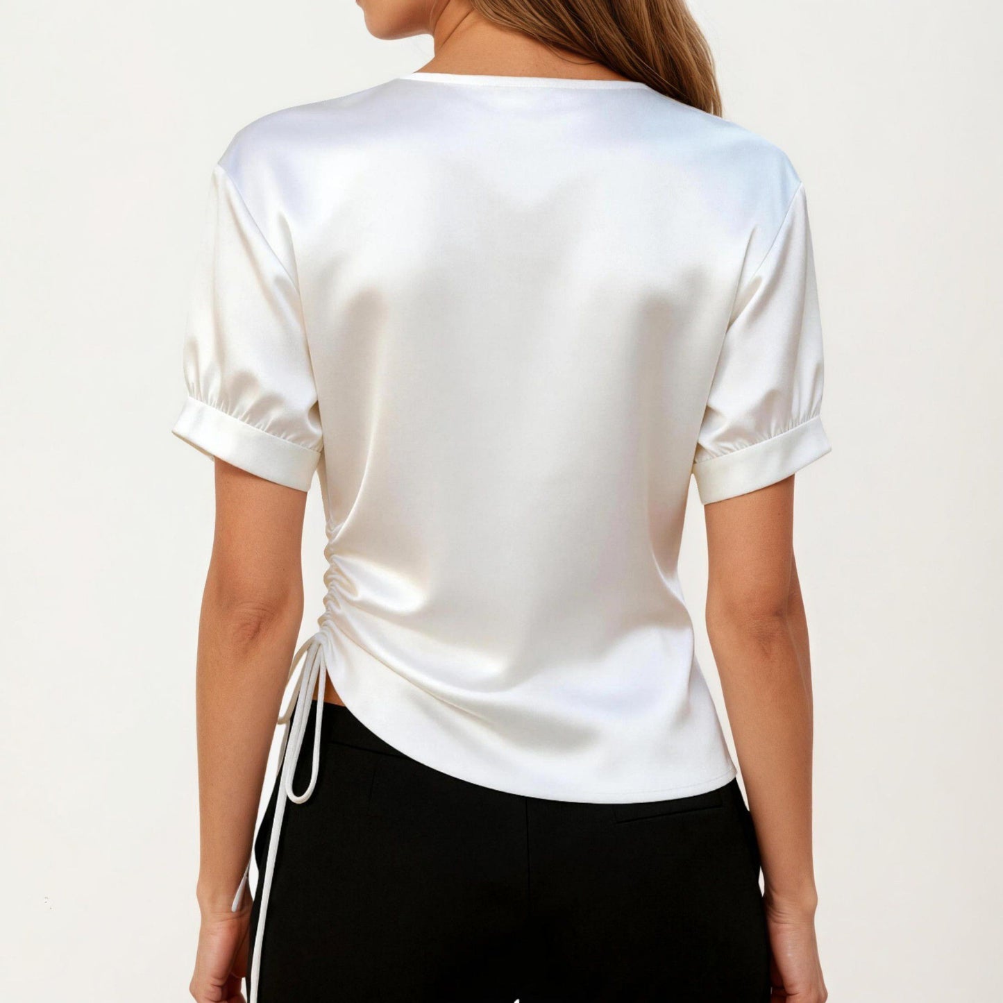 Satin V Neck Blouse with Puff Sleeves and Side Ruched Drawstring