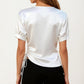 Satin V Neck Blouse with Puff Sleeves and Side Ruched Drawstring