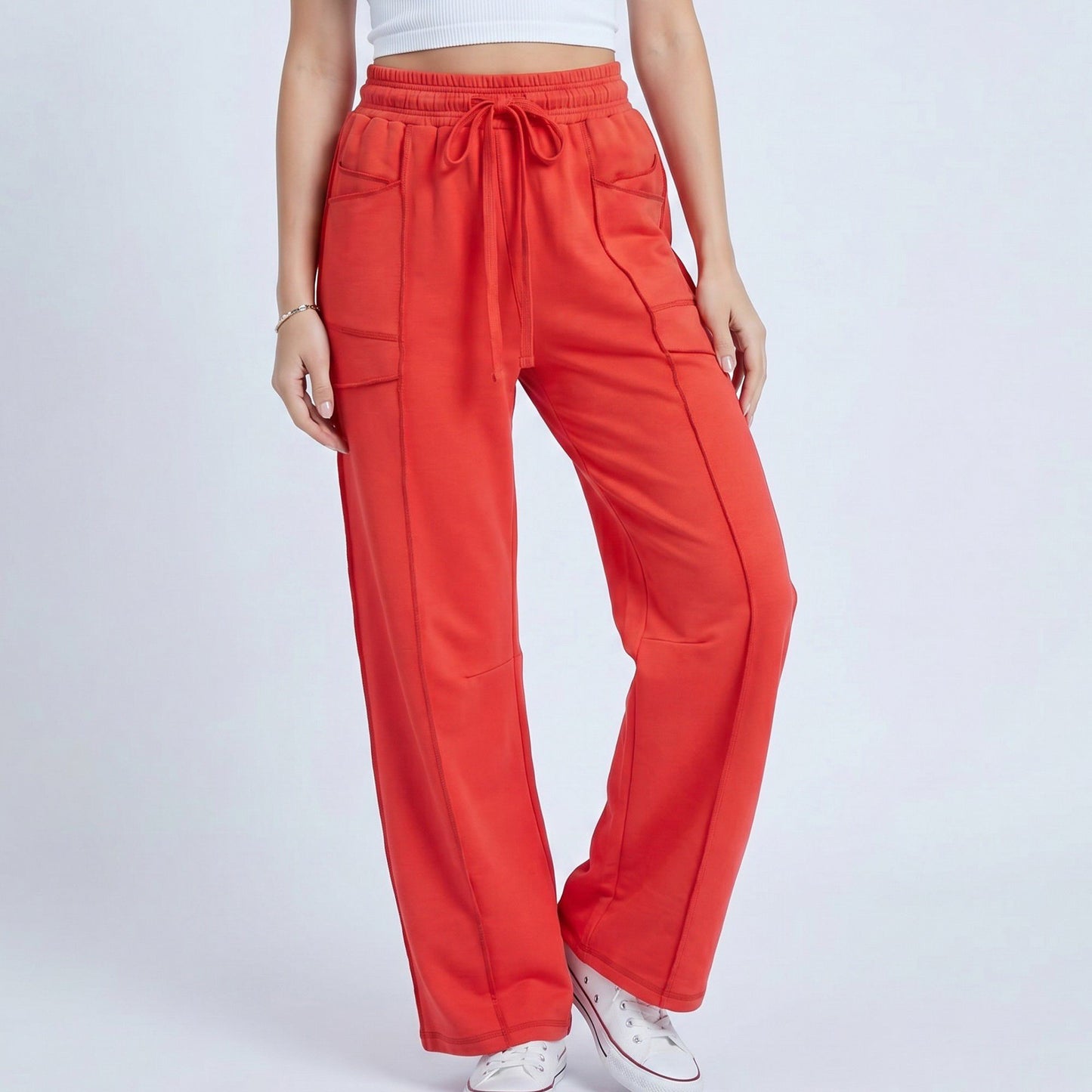 High Rise Drawstring Wide Leg Utility Pants with Patch Pockets