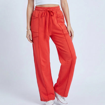 High Rise Drawstring Wide Leg Utility Pants with Patch Pockets