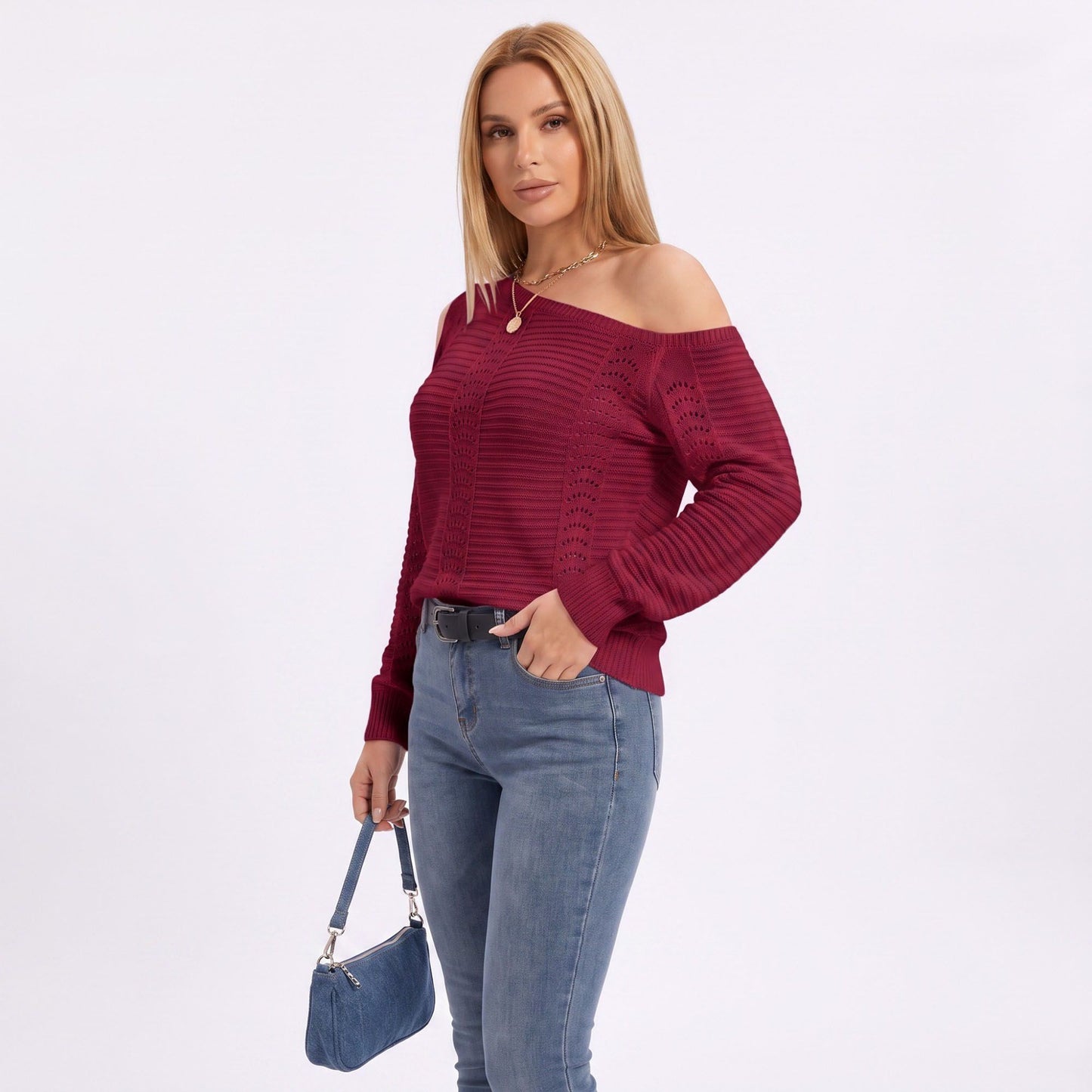 One Shoulder Cold Shoulder Pointelle Knit Long Sleeve Sweater