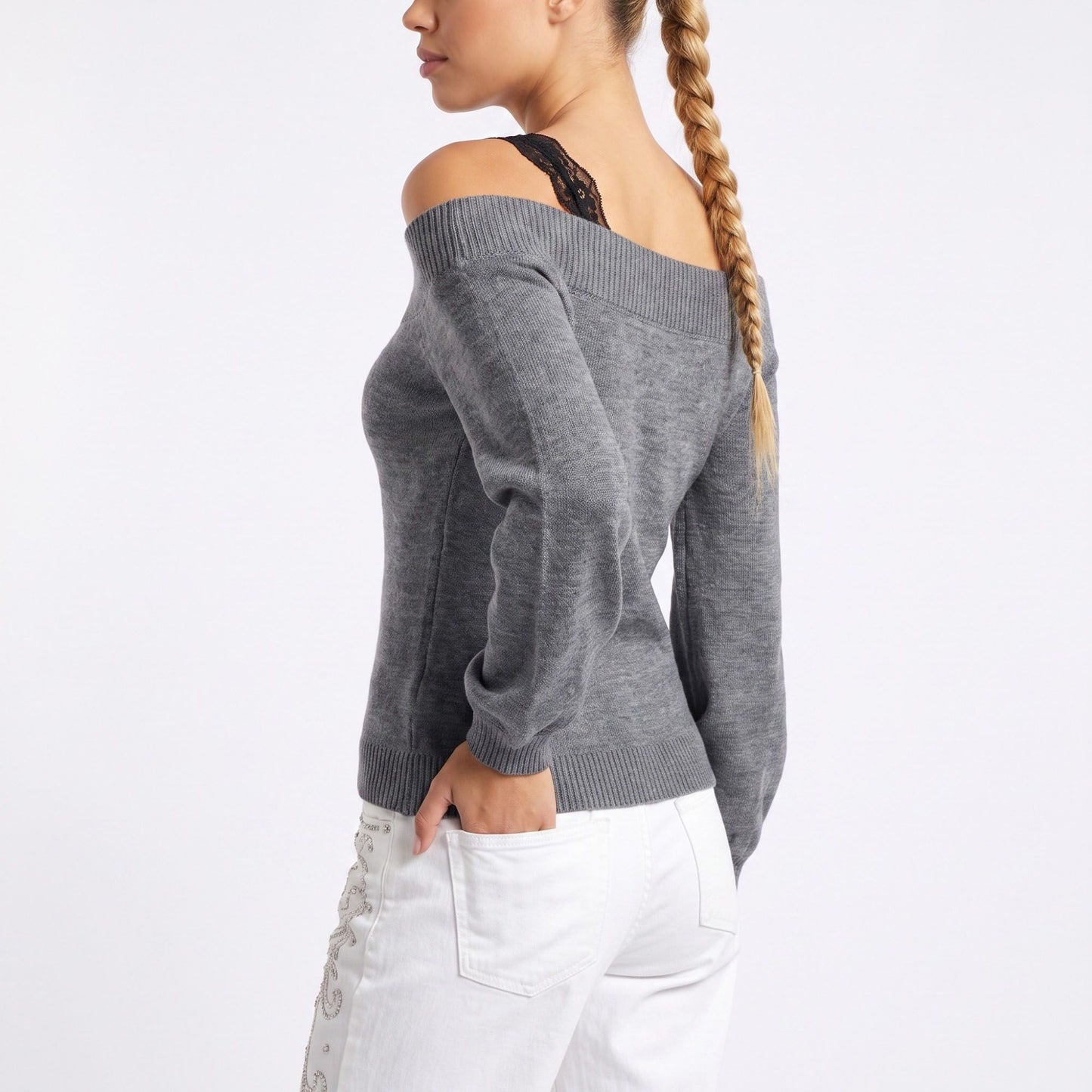 Off Shoulder Knit Sweater Long Sleeve Ribbed Pullover