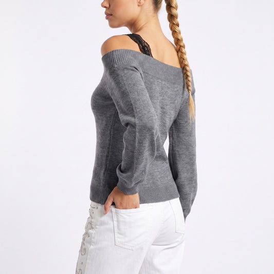 Off Shoulder Knit Sweater Long Sleeve Ribbed Pullover