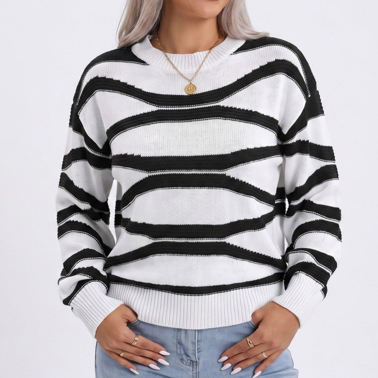 Wavy Stripe Crew Neck Long Sleeve Knit Sweater