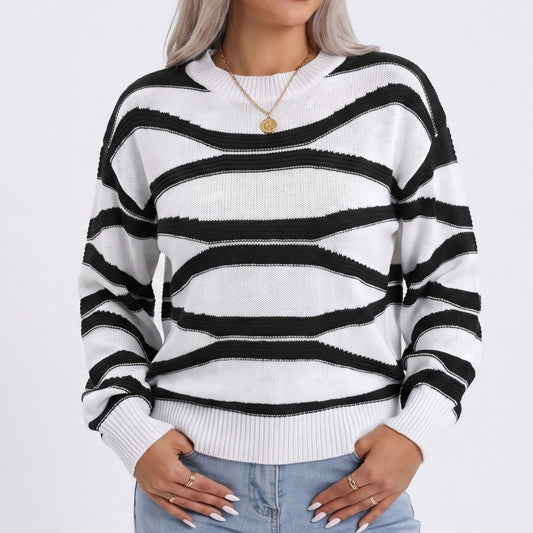 Wavy Stripe Crew Neck Long Sleeve Knit Sweater