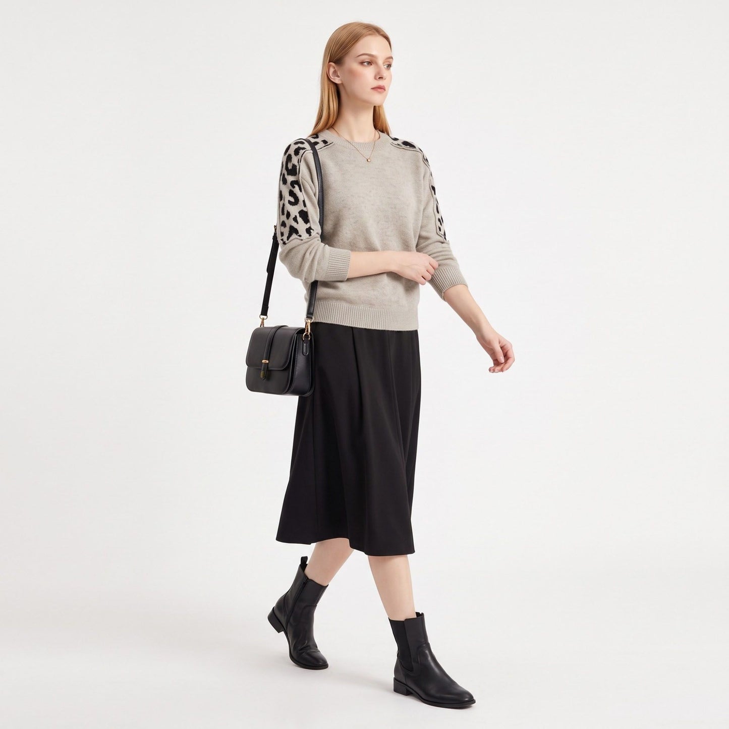 Leopard Shoulder Panel Crewneck Long Sleeve Knit Sweater