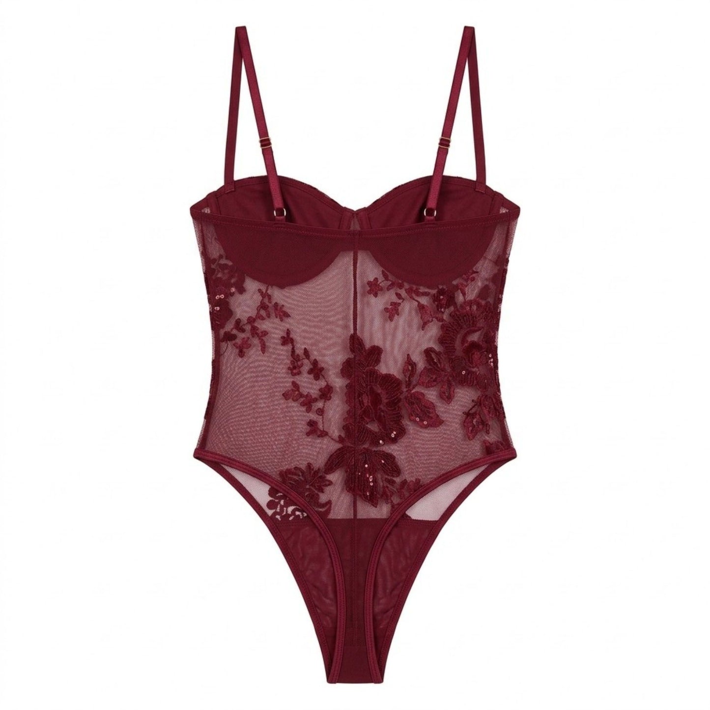 Floral Sequin Mesh Bodysuit with Underwire Cups and Adjustable Straps