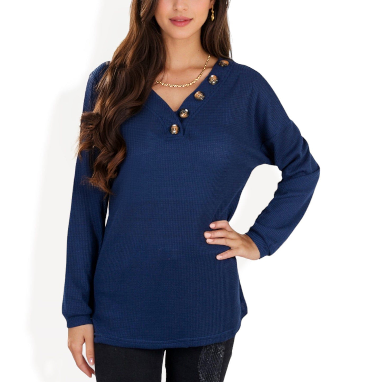 Waffle Knit Button-Accent Long Sleeve Top with V-Neck