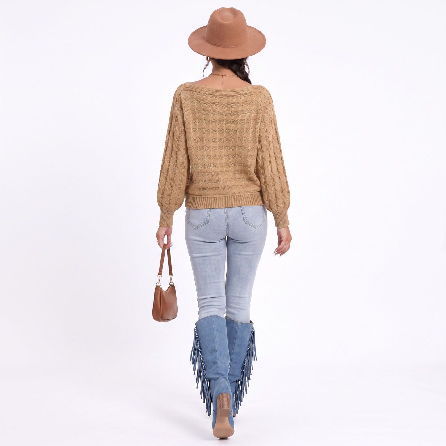 Boat Neck Cable Knit Long Sleeve Pullover Sweater