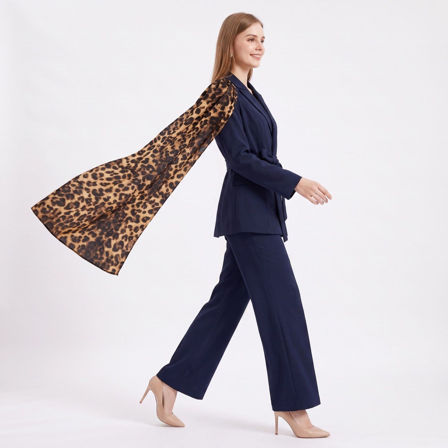 Long Sleeve Blazer and Pants Two Piece Set with Draped Scarf Detail