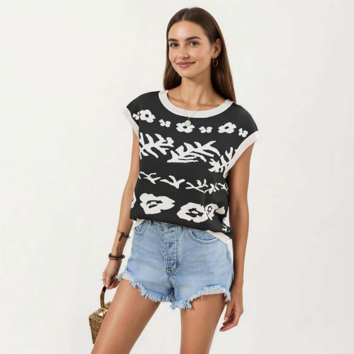 Sleeveless Floral Knit Vest Top with Crew Neck and Contrast Trim