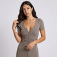 Short Sleeve Rib Knit Mini Dress with Button Front and Scoop Neck