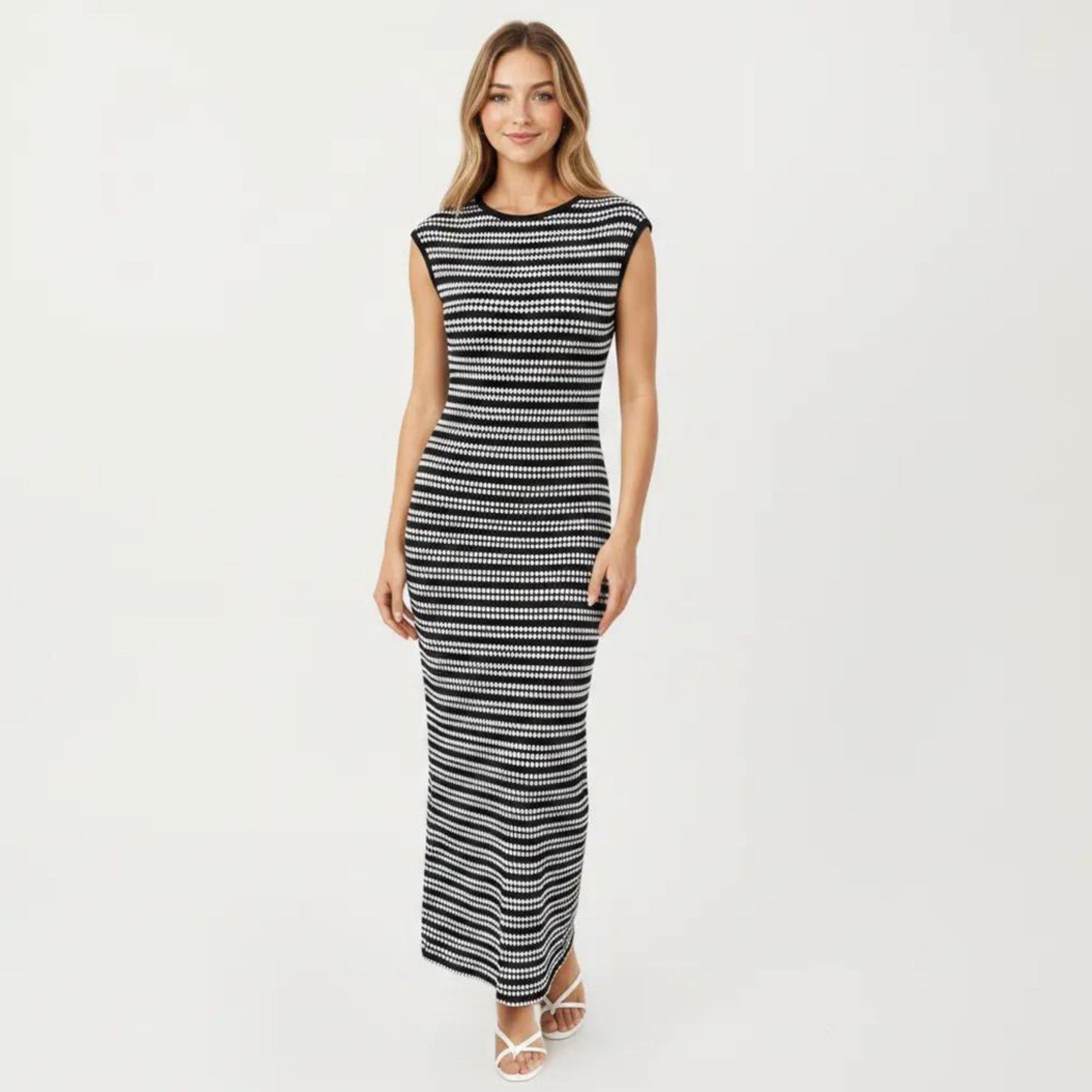 Sleeveless Crew Neck Striped Knit Column Maxi Dress