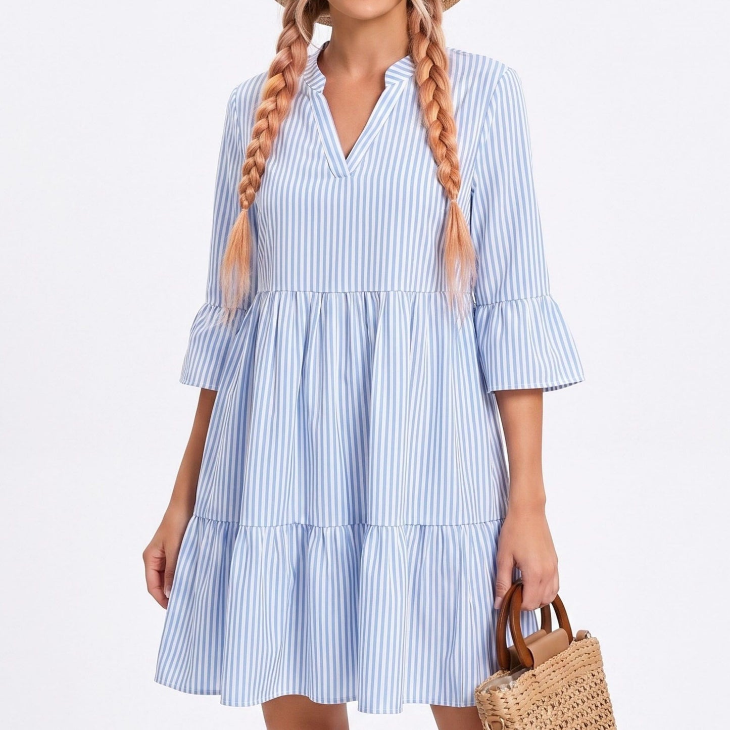 Striped Tiered Bell Sleeve Mini Dress