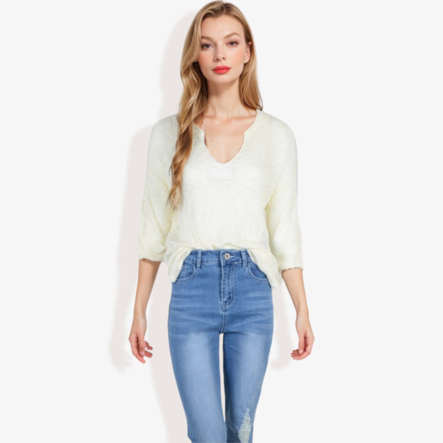 Lightweight Long Sleeve Knit Top Notch Neck Rolled Cuffs