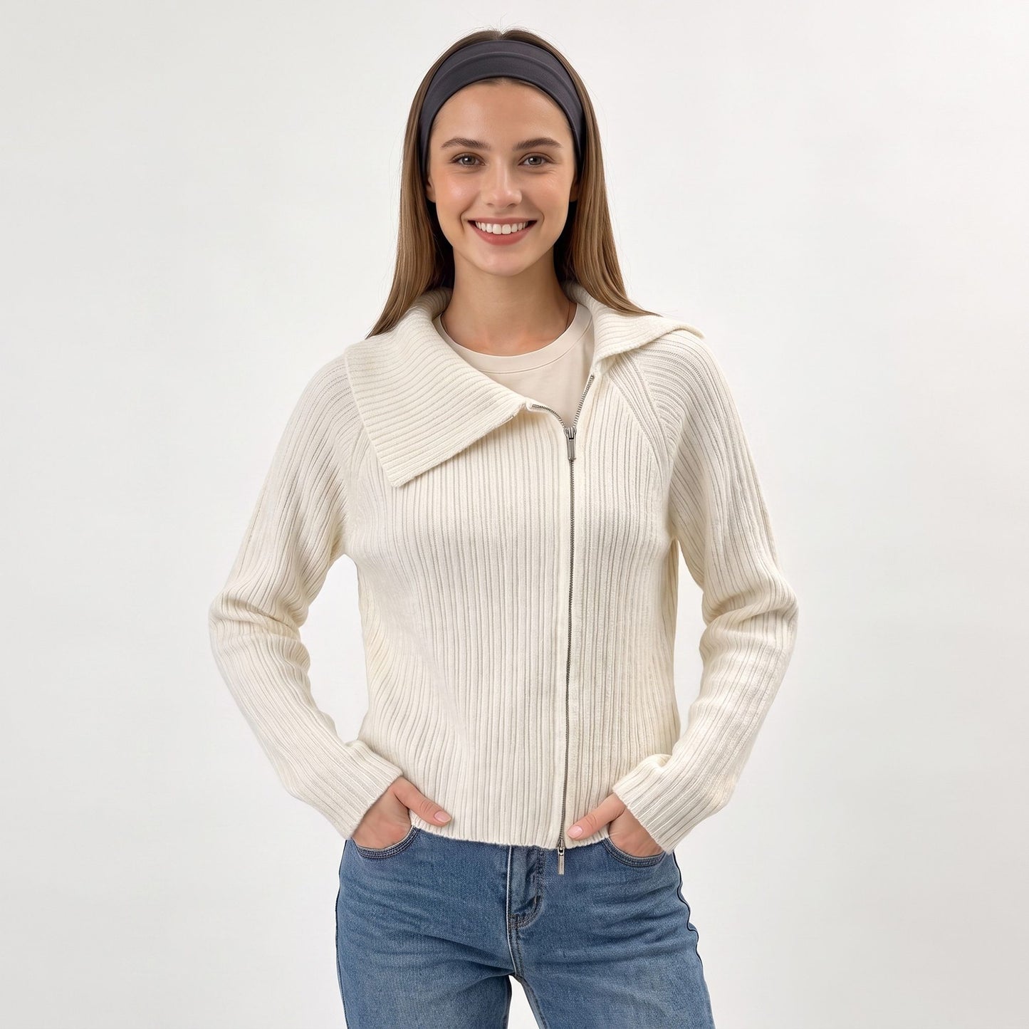 Ribbed Wide Collar Zip-Front Cardigan Sweater