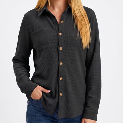 Textured Button Front Long Sleeve Shirt with Chest Pocket