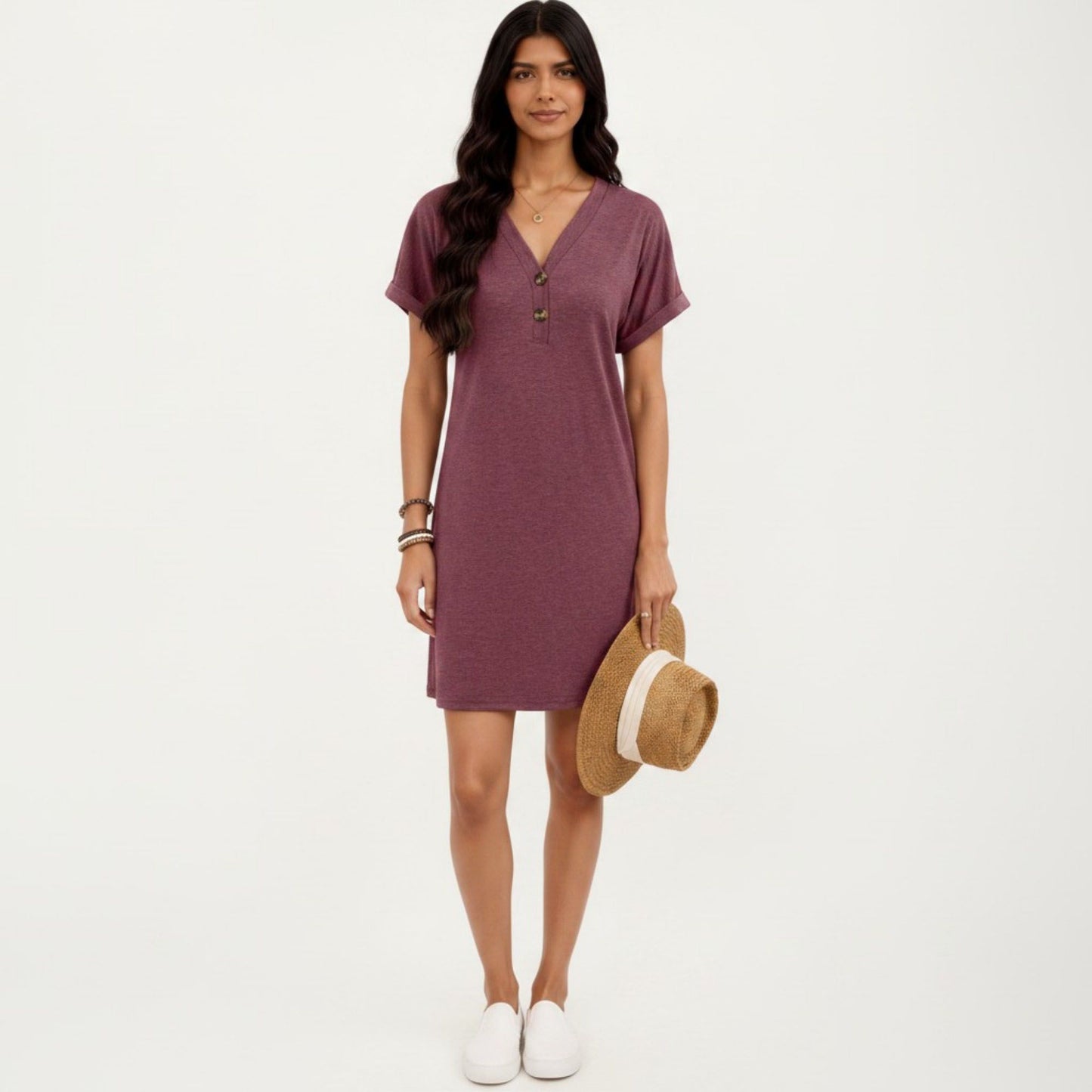 Short Sleeve V Neck Shift Dress with Button Detail Relaxed Fit Casual Tunic Dress