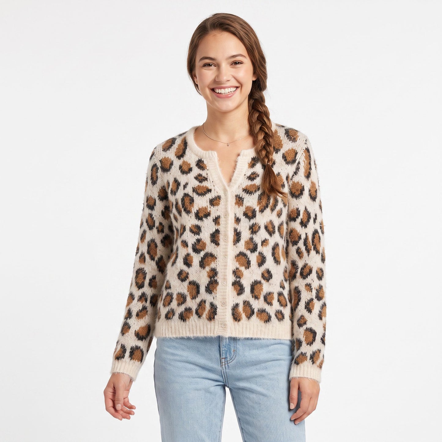 Fuzzy Leopard Print Button Front Cardigan Sweater