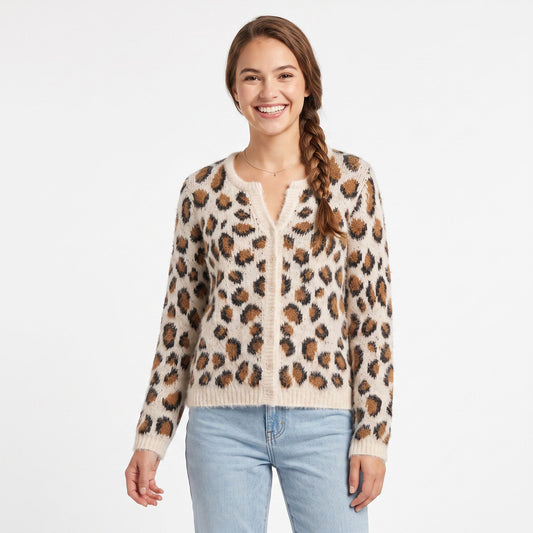 Fuzzy Leopard Print Button Front Cardigan Sweater