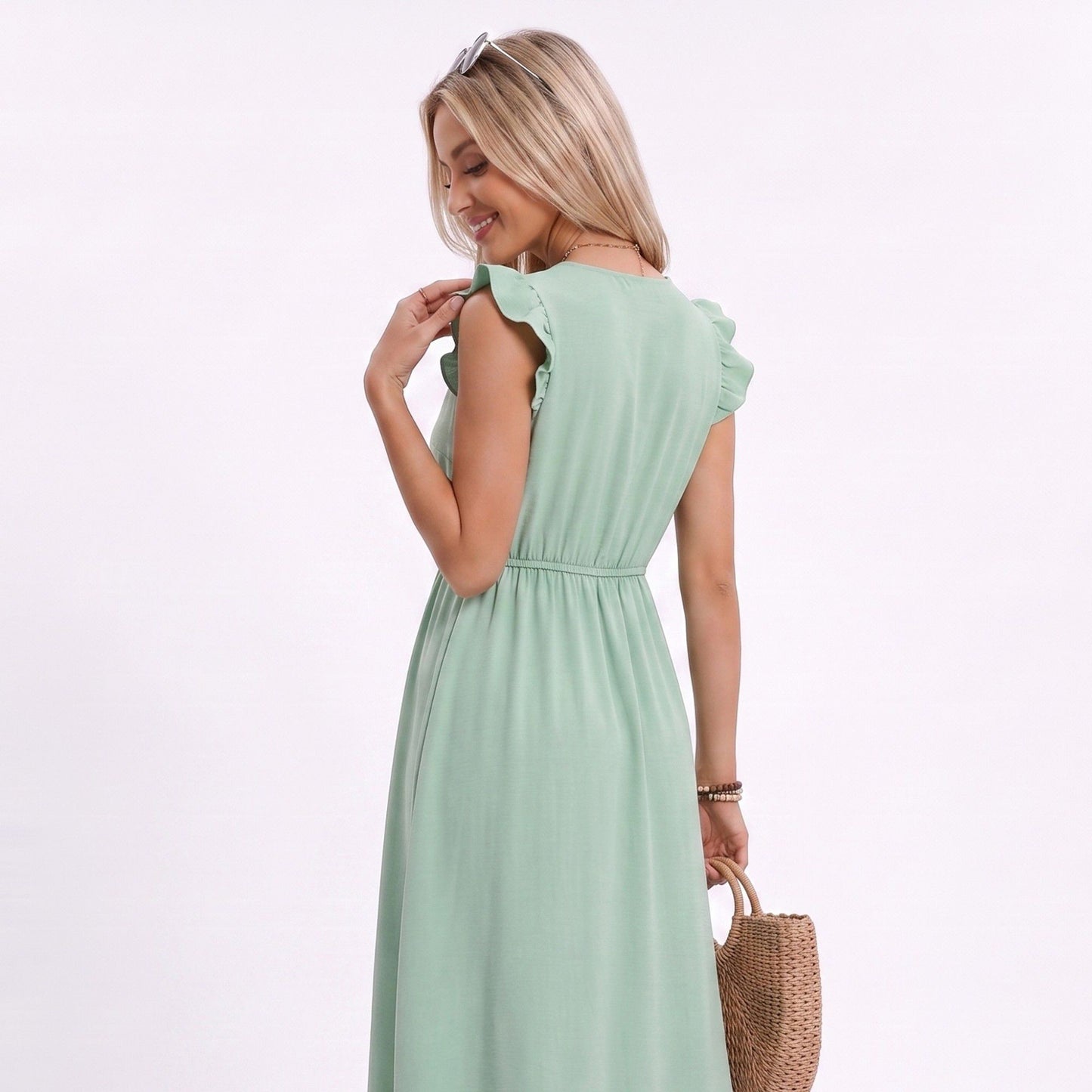 Lace Trim Midi Dress Ruffle Sleeve Tie Neck Tiered Hem Dress