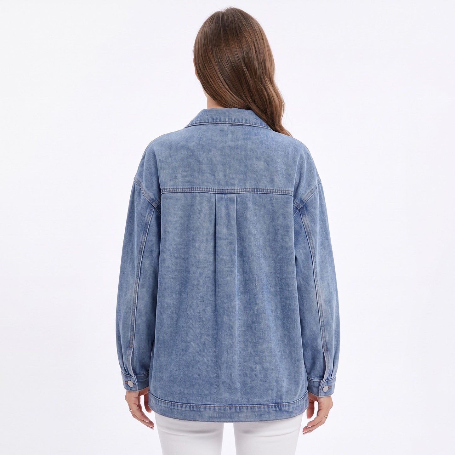 Oversized Denim Jacket Button Front Long Sleeve Casual Jean Shacket With Pockets