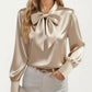 Satin Bow Neck Blouse with Long Puff Sleeves and Wide Cuffs