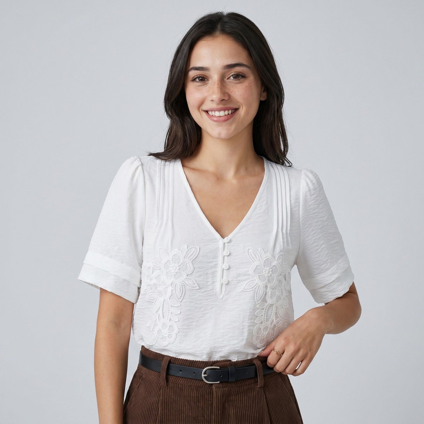 Floral Embroidered V-Neck Short Puff Sleeve Blouse with Pintuck Detail Button Front and Relaxed Fit
