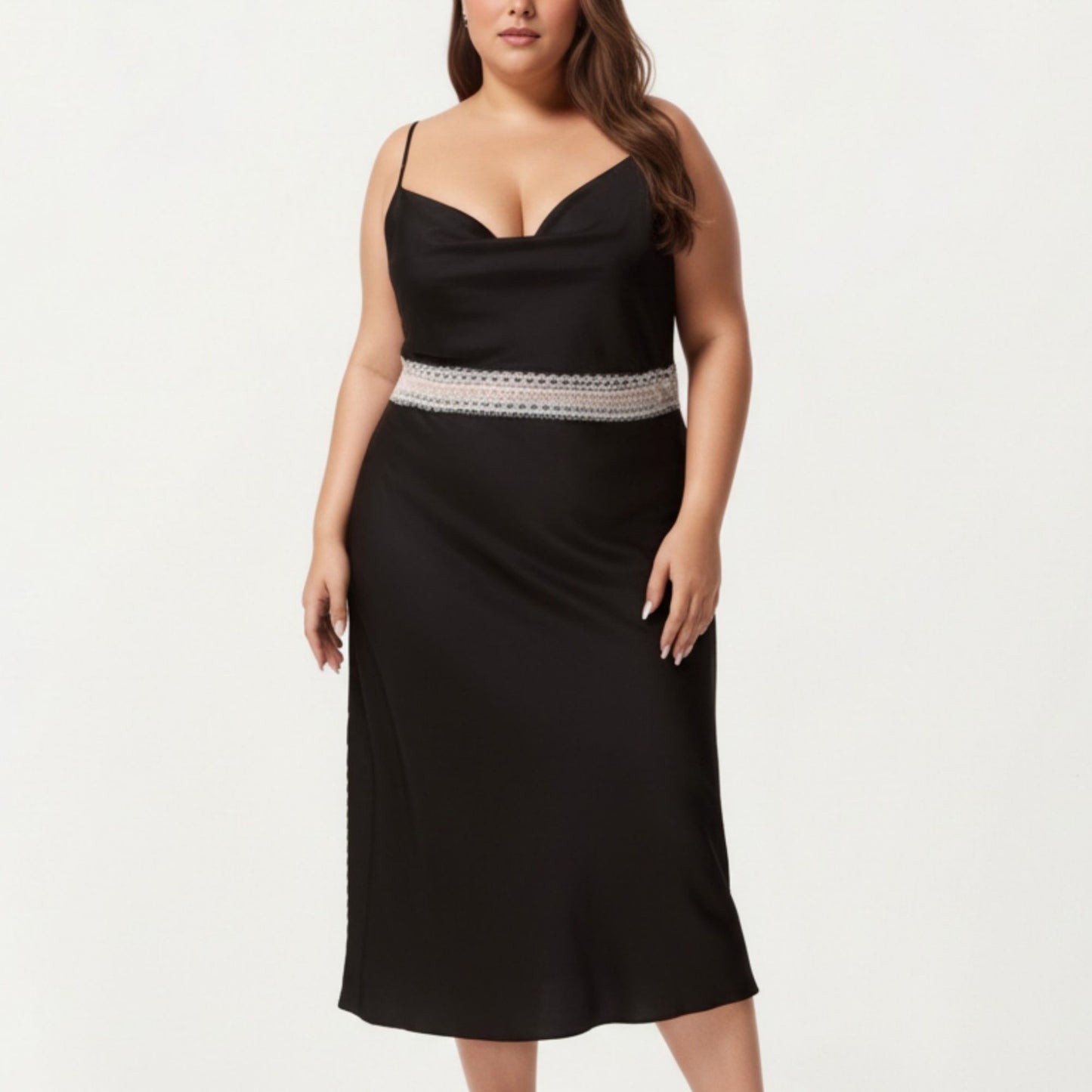 Plus Size Satin Slip Dress with Lace Waist Detail Adjustable Spaghetti Straps Midi Sleepwear Nightgown