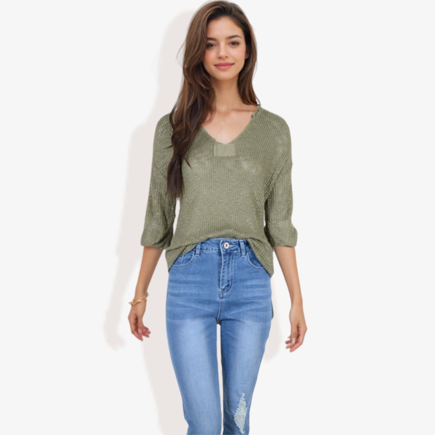 Lightweight Long Sleeve Knit Top Notch Neck Rolled Cuffs