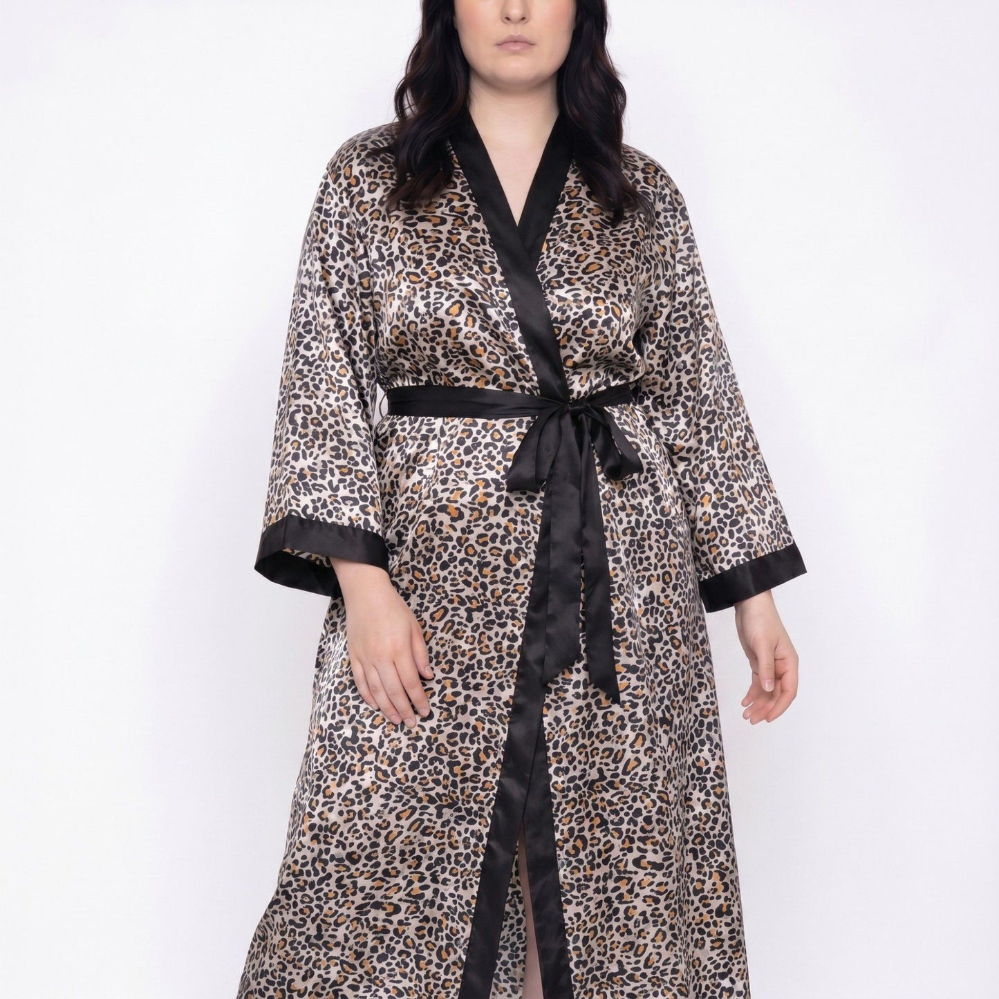 Plus Size Leopard Print Satin-Like Wrap Robe with Long Kimono Sleeves Contrast Trim and Self Tie Waist