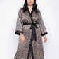Plus Size Leopard Print Satin-Like Wrap Robe with Long Kimono Sleeves Contrast Trim and Self Tie Waist