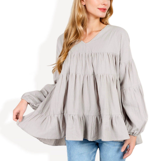 V-Neck Tiered Babydoll Top with Long Puff Sleeves