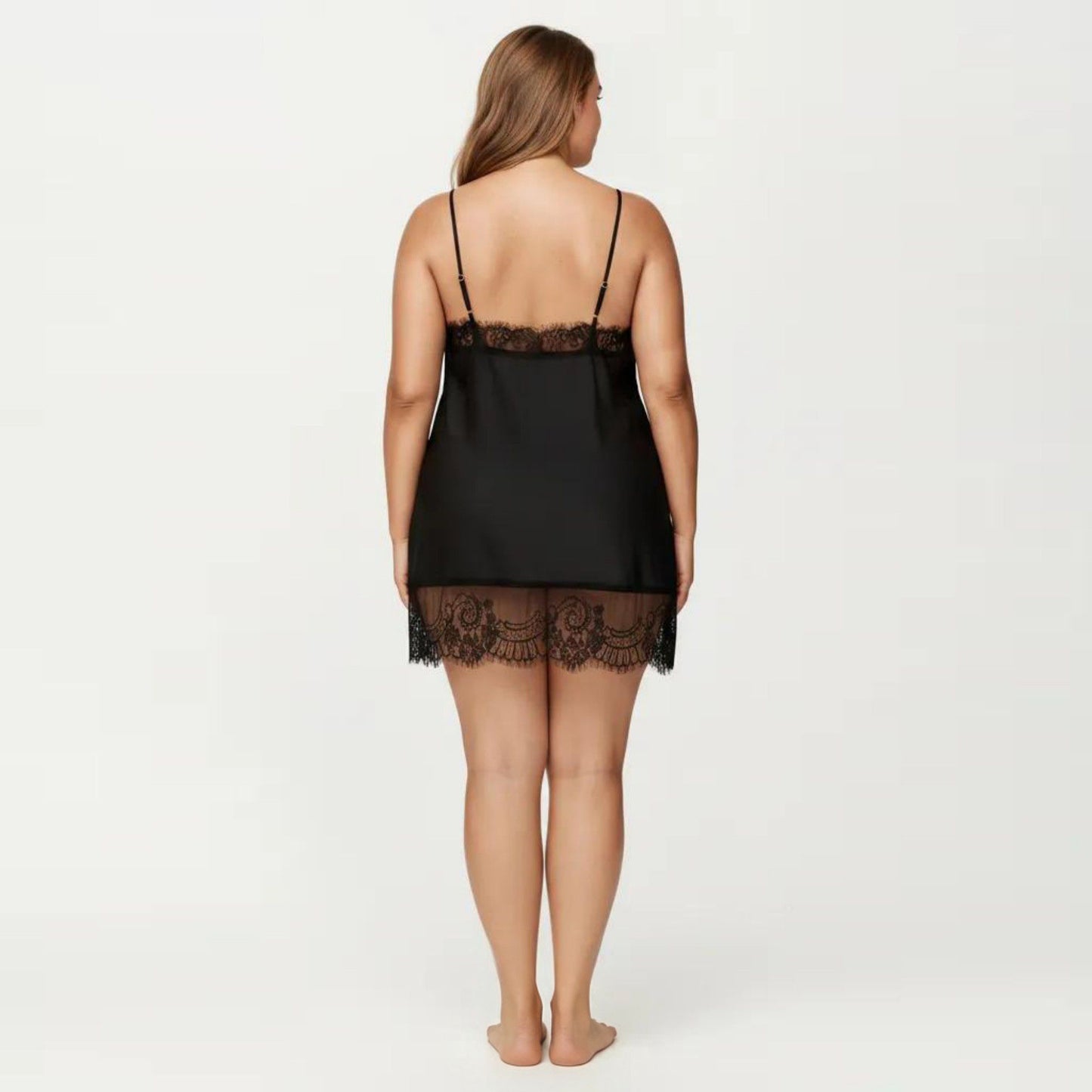 Plus Size Satin Chemise Lace Trim V Neck Sleep Dress Adjustable Strap Slip Nightgown